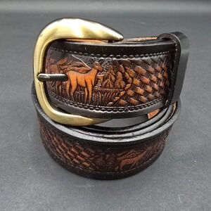 Western Tooled Genuine Leather Deer Mountain Basketweave Belt Brown Black 44